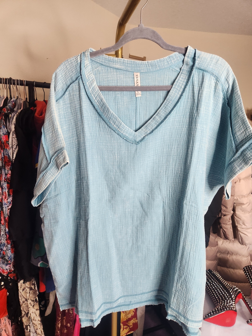 Sky Blue V-Neck Short Sleeve Oversized Women's Tee